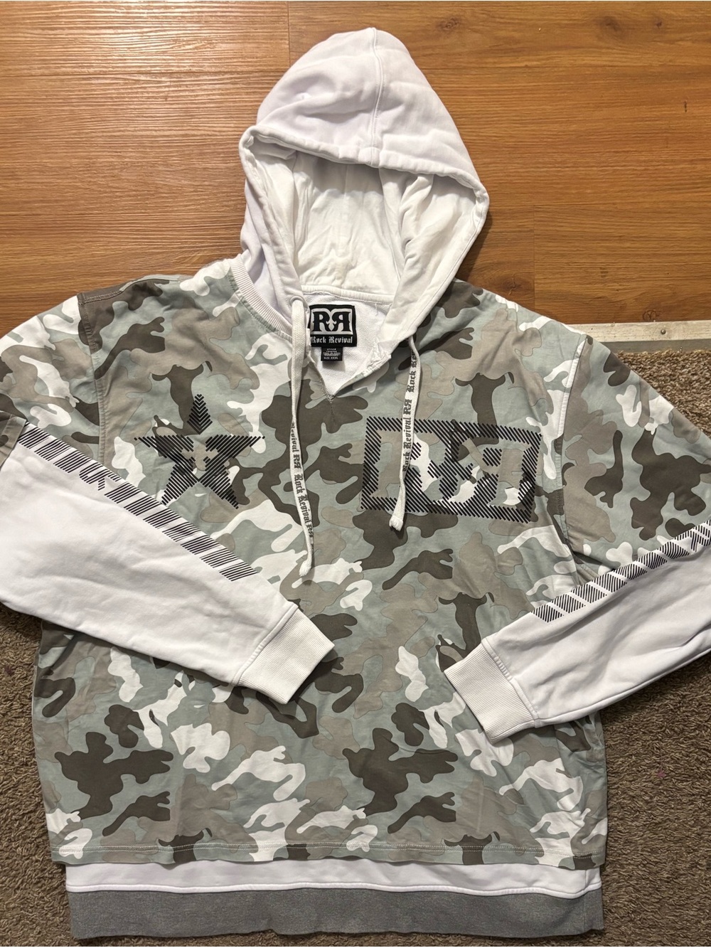 Rock Revival Men’s XXXL Camo Pullover Hoodie in White & Olive Extremely Thick